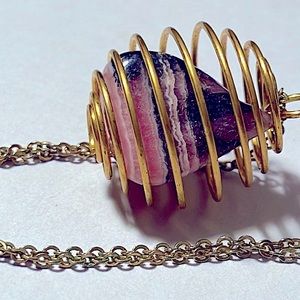 Rhodochrosite Choker Free Form in Spiral Pendant Cage